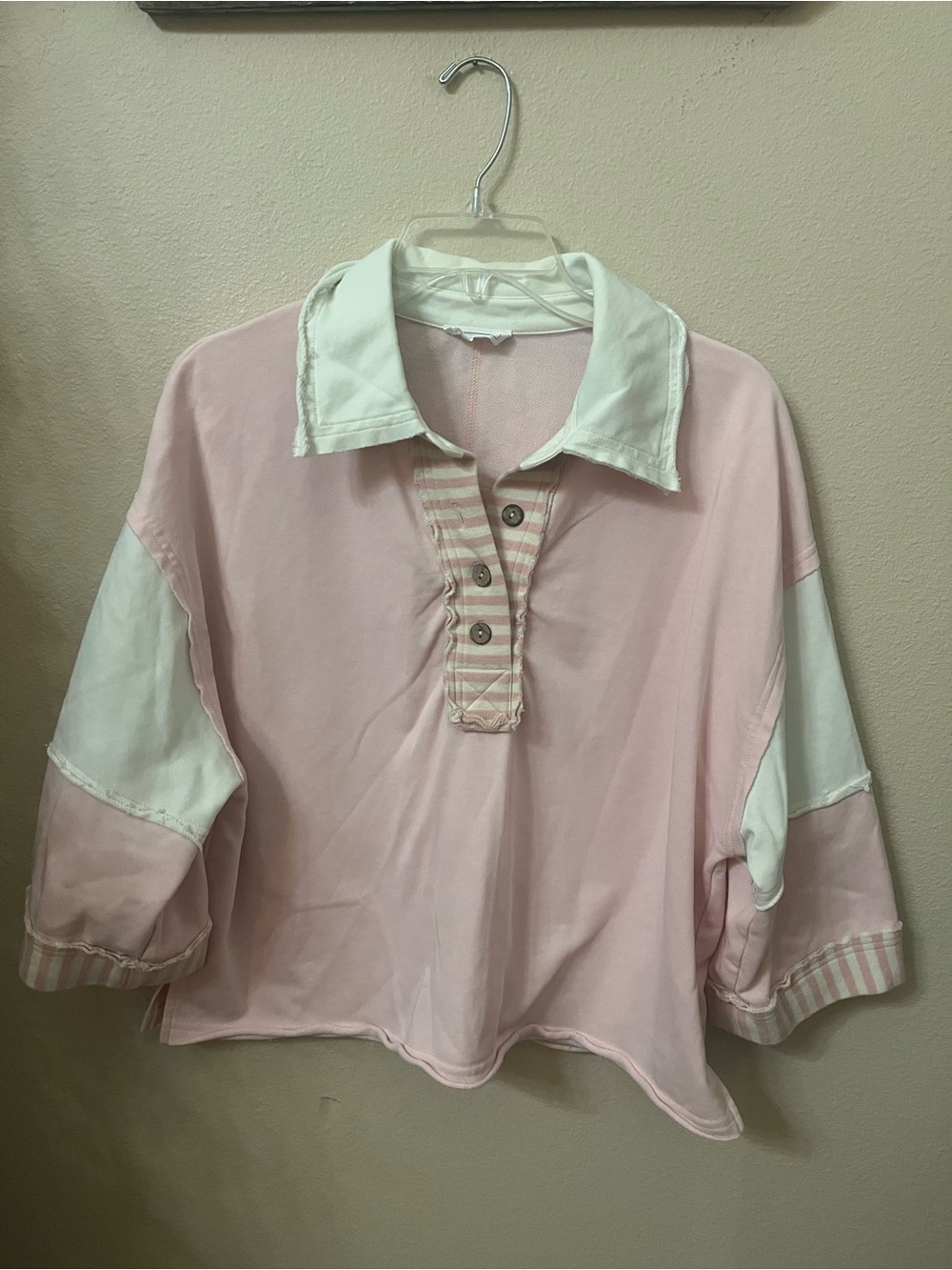 Women's Pink and White Collared Button-Front Pullover